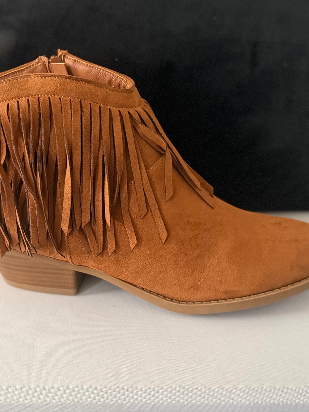 Fringe Suede Ankle Bootie in Rust